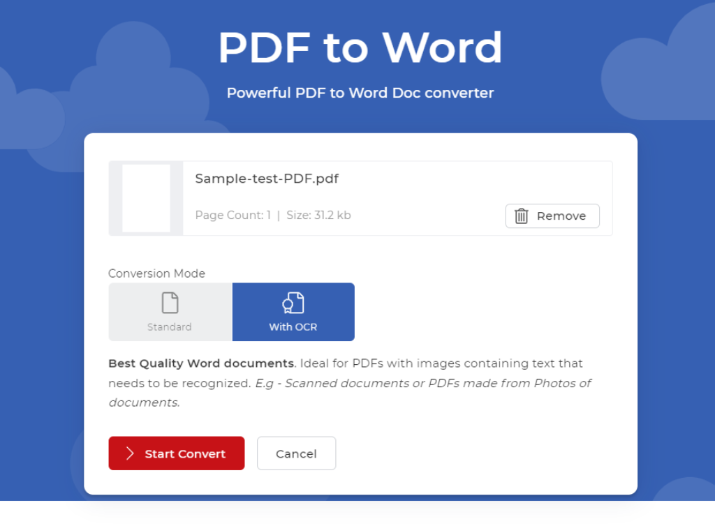 File uploaded to PDF to DOCX converter