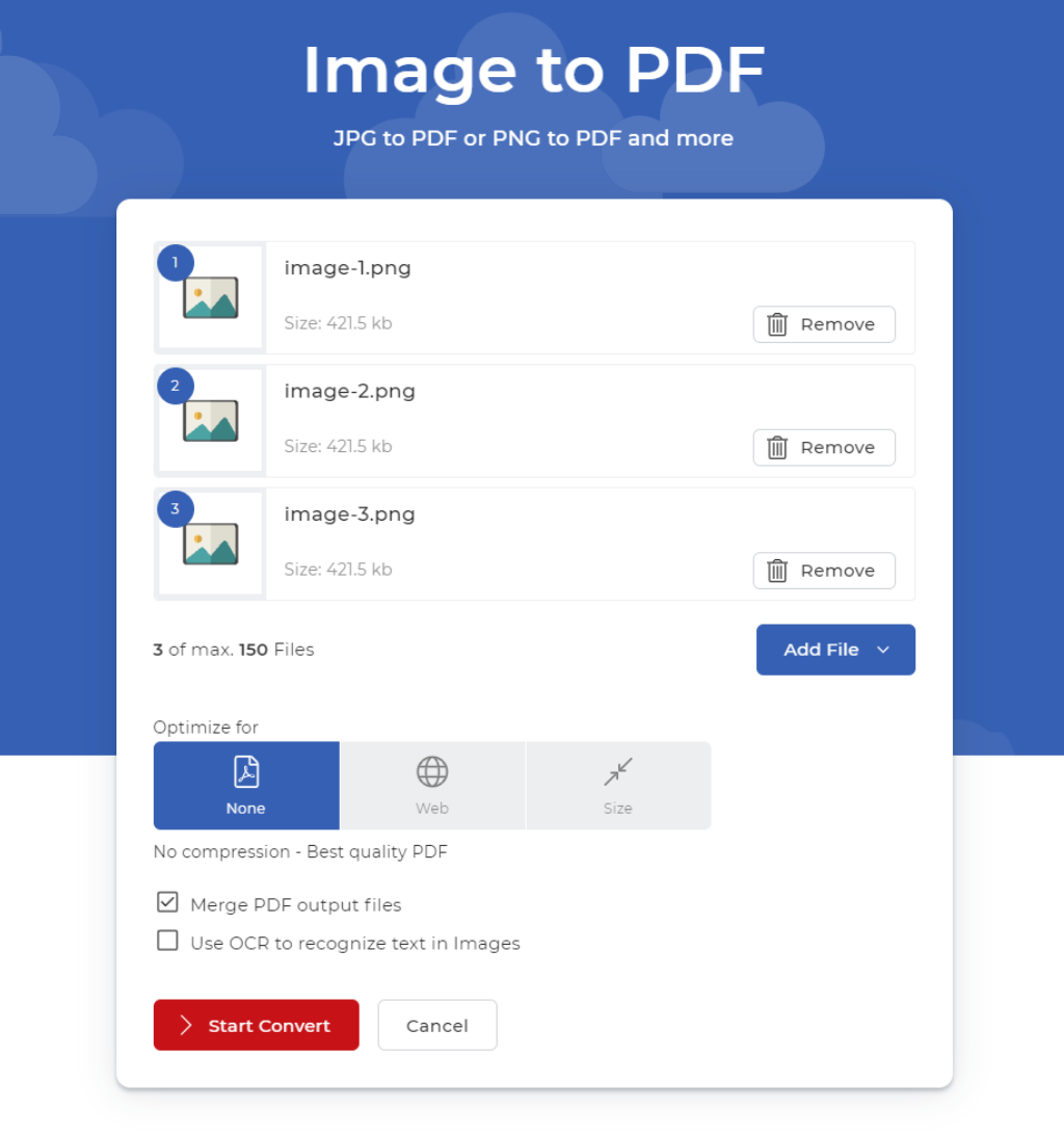 Files uploaded to PNG to PDF converter