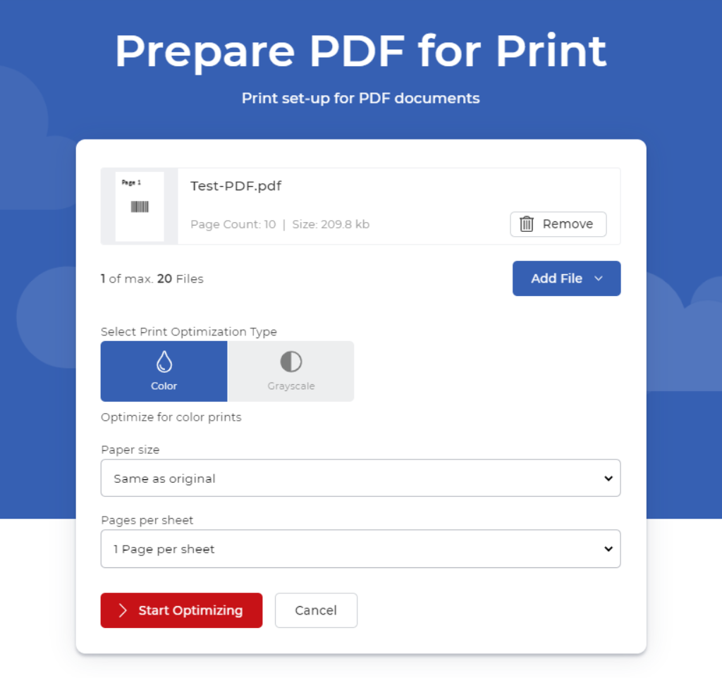 Prepare for Print tool with files loaded