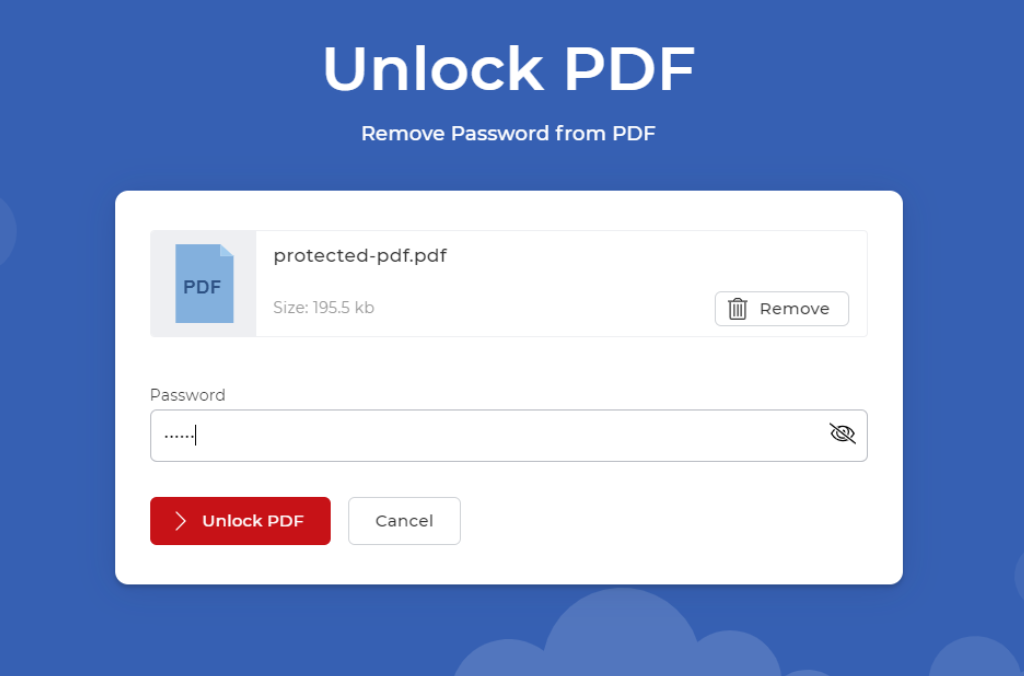 Unlock PDF tool with file uploaded