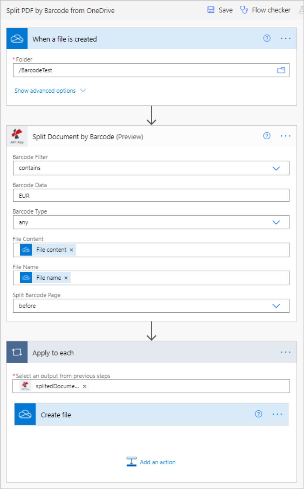 Power Automate Split By Barcode action dengan OneDrive