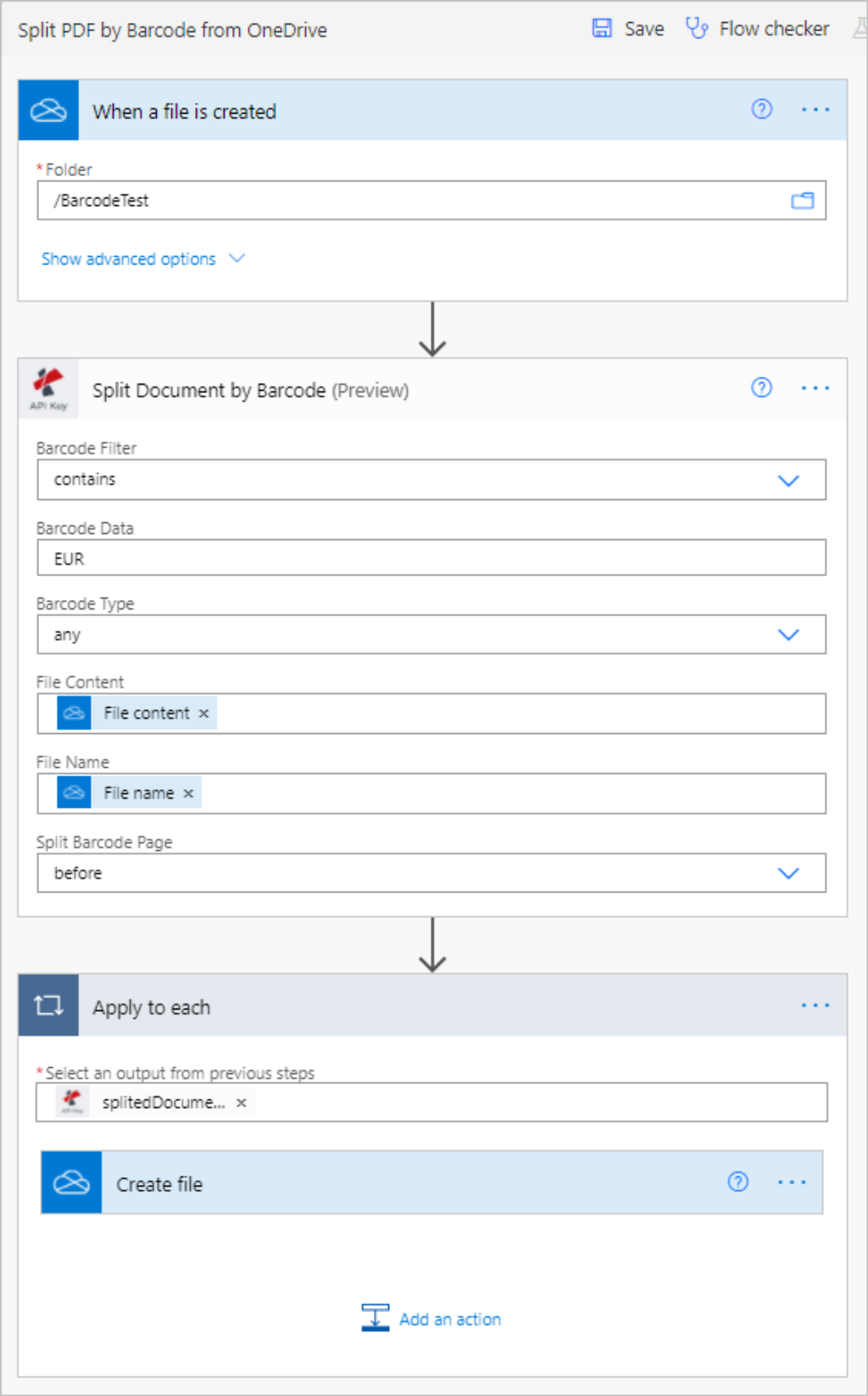 使用OneDrive的Power Automate Split By Barcode行动