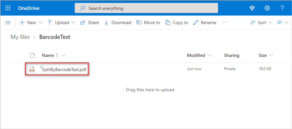OneDrive folder with PDF4me Split By Barcode action