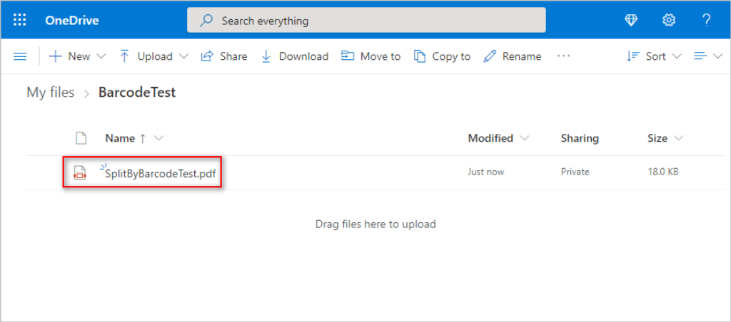 OneDrive-Ordner mit PDF4me Split By Barcode-Aktion