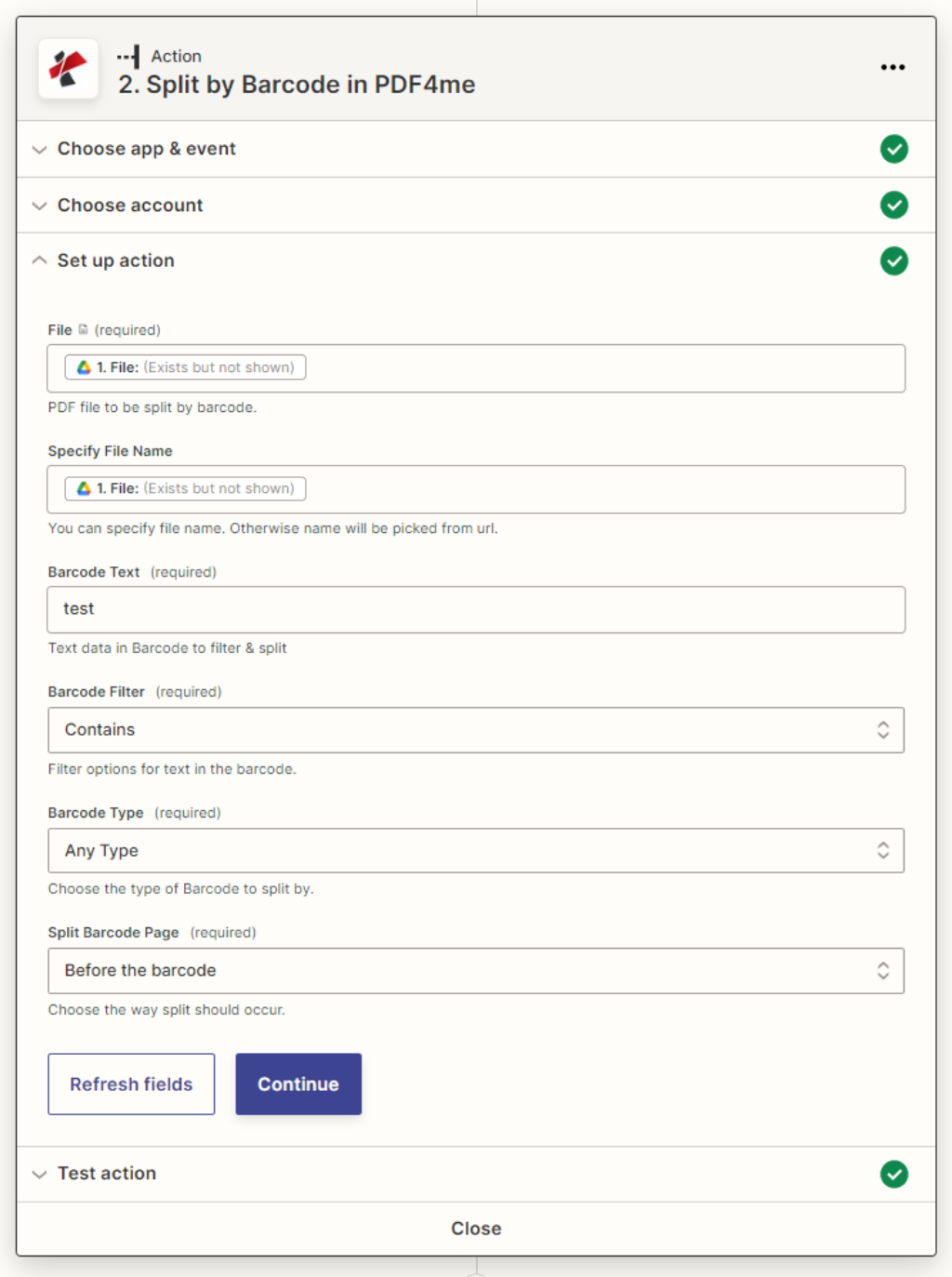 Dividir por código de barras PDF4me acção