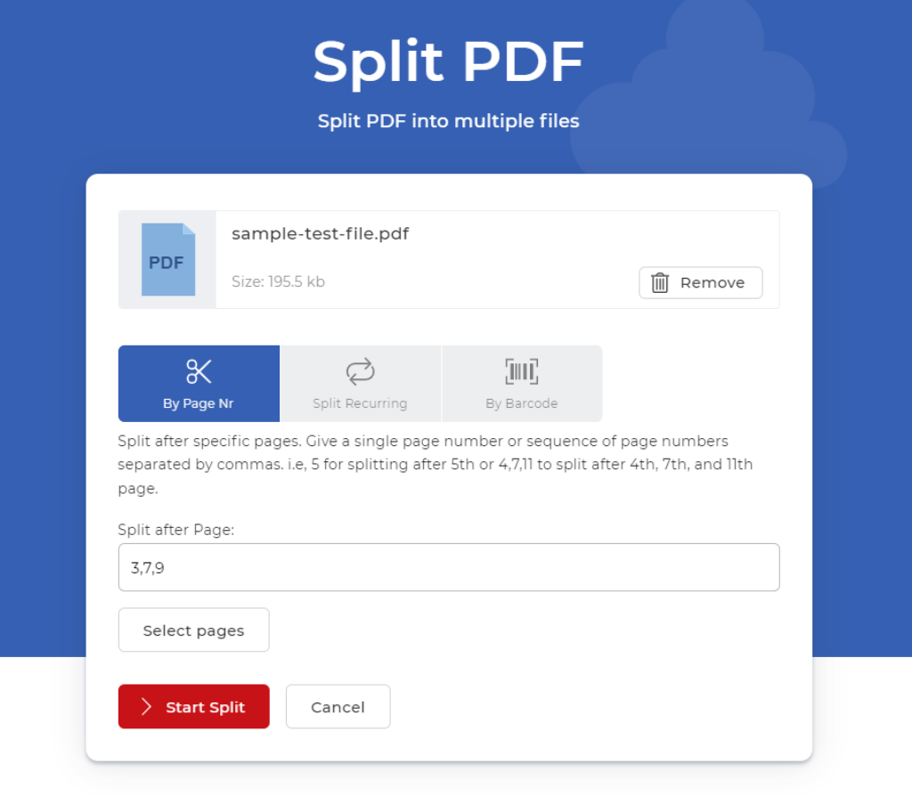 PDF cargado en la herramienta Split PDF