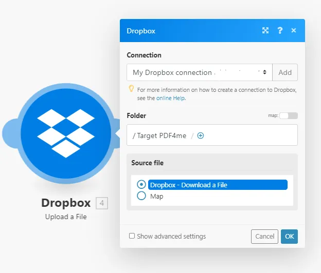 Modul unggah file Dropbox