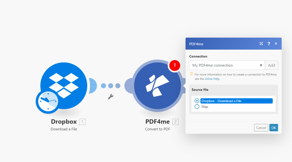 Conexão PDF4me com a ação Converter em PDF