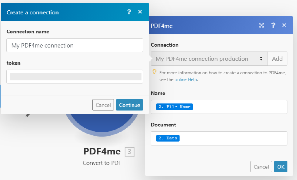 Ajouter le Token PDF4me pour la connexion Integromat