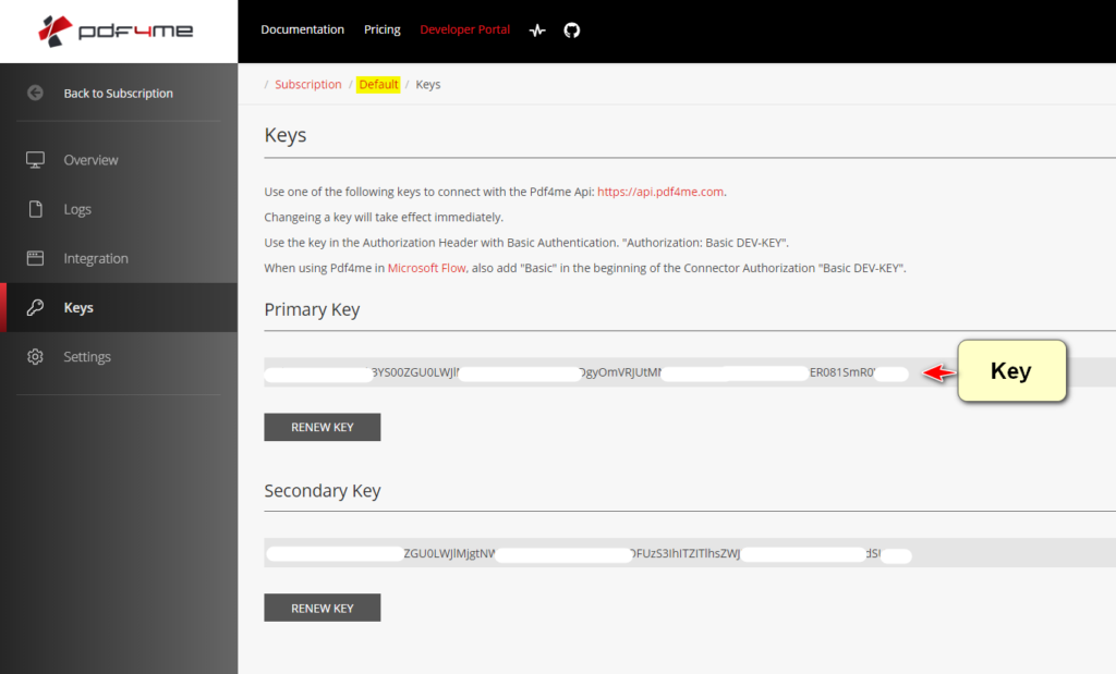 Key from PDF4me API Portal