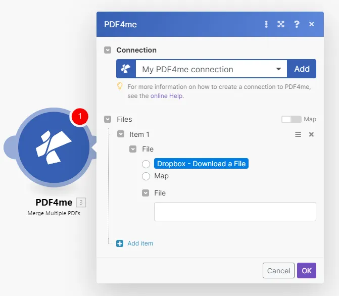 Combinar varios archivos PDF (módulo de acción PDF4me)