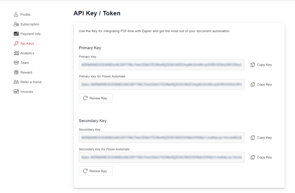 Encontre suas chaves de API dentro do menu Chaves de API