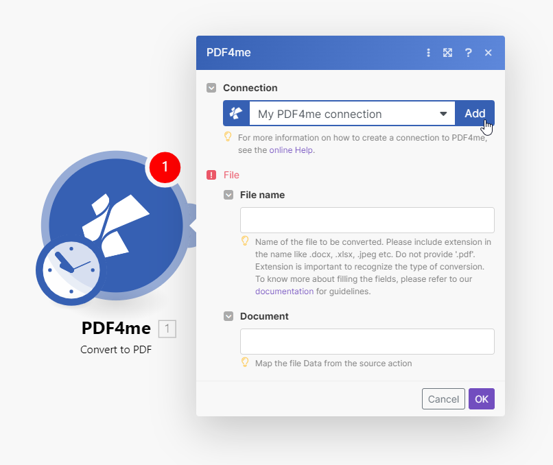 The Make connection pop-up with the Add button for a new PDF4me connection