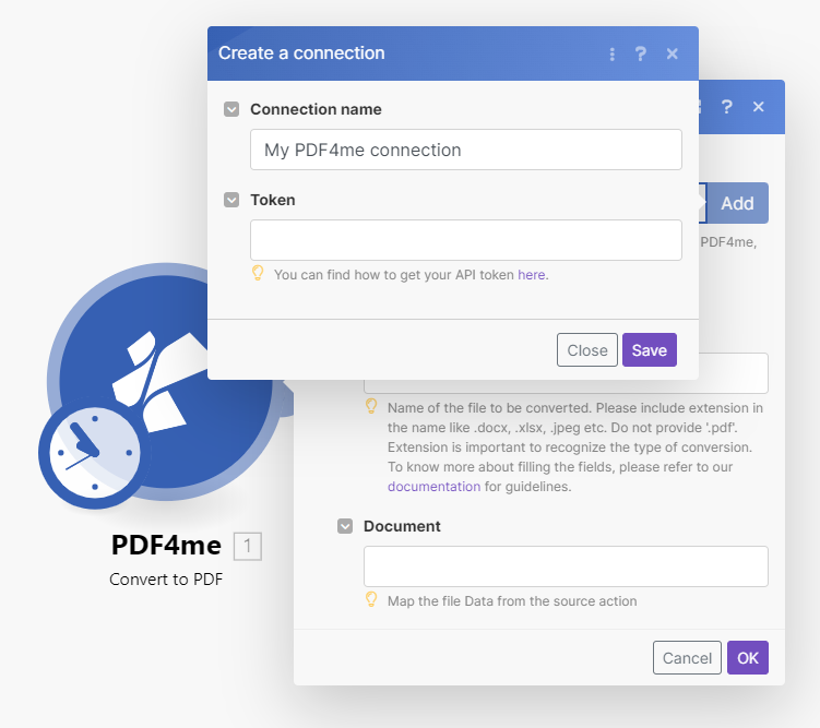 The Create a connection window where the PDF4me API key is entered in Make