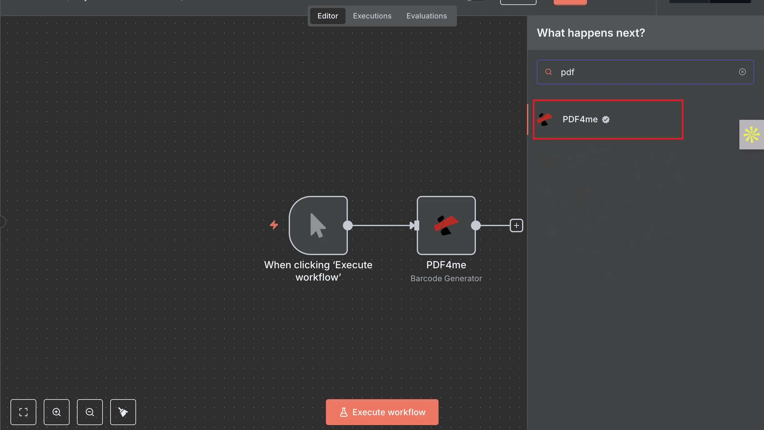 Searching for the PDF4me node in the n8n node panel