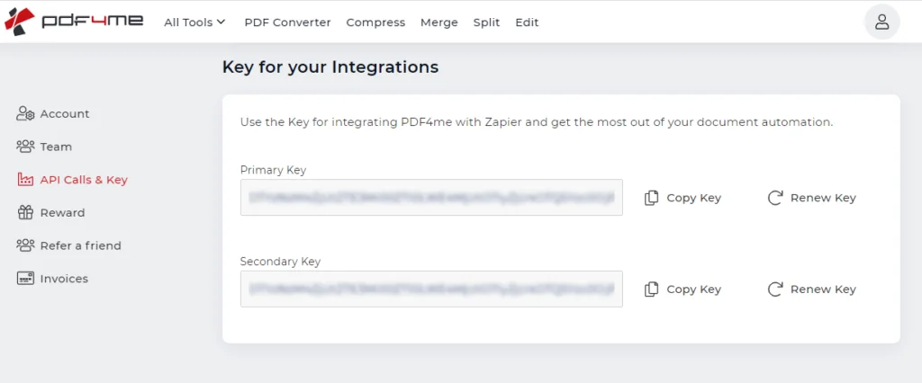 The PDF4me dashboard, API Calls & Key page, showing the Primary and Secondary keys