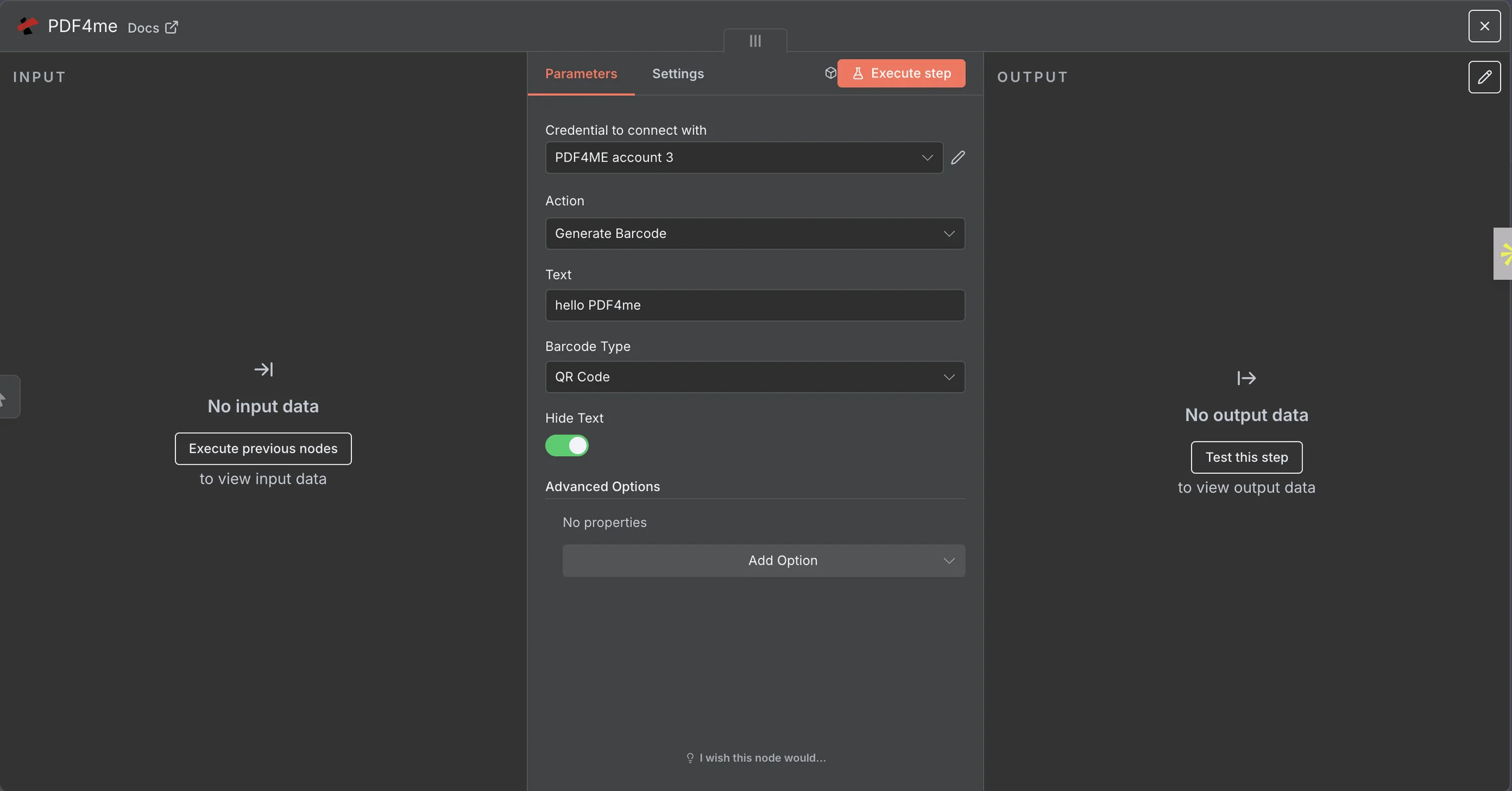 Configuring the PDF4me node credential, action and fields, then running it