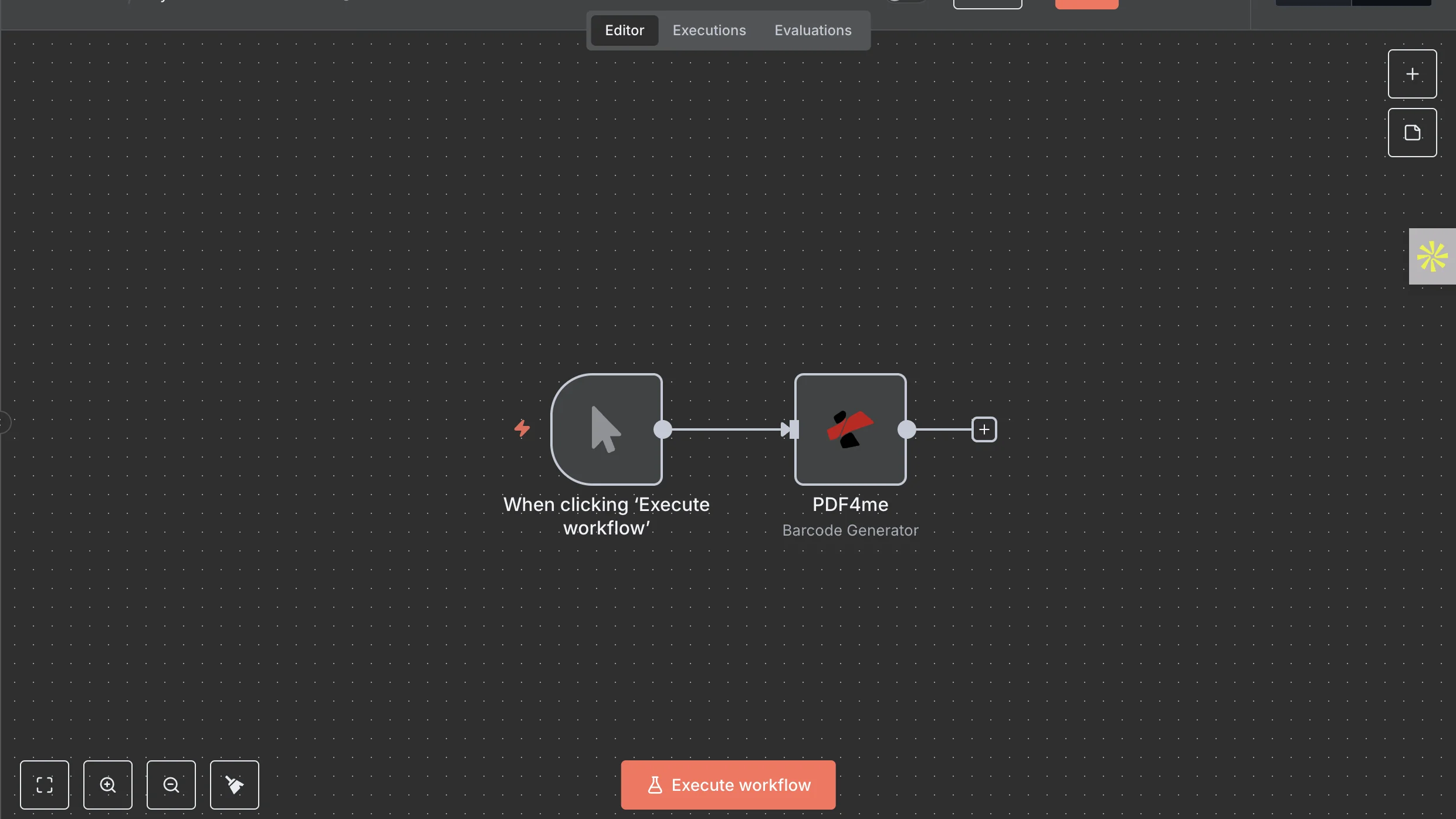 The PDF4me node connected after a trigger node on the n8n canvas