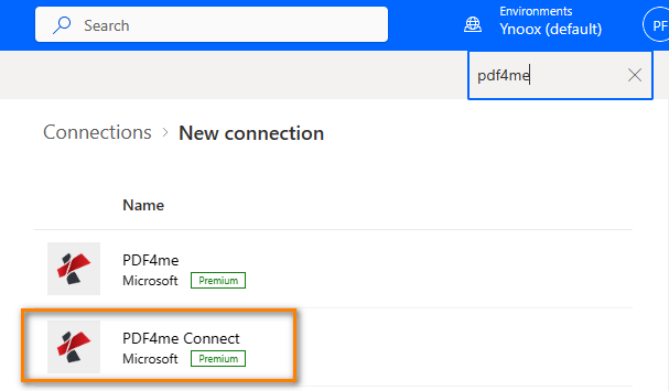 Searching for PDF4me and selecting the PDF4me Connect connector
