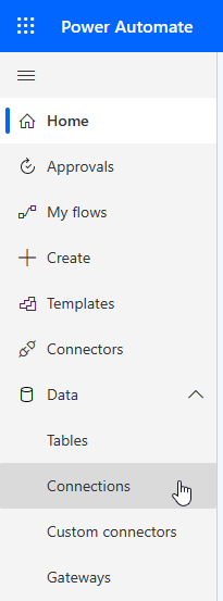 The Power Automate Connections page under the Data menu