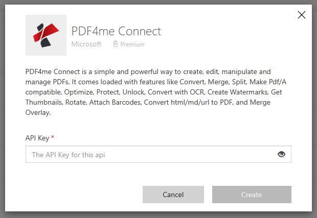 Entering the PDF4me API key in the connector pop-up to authenticate