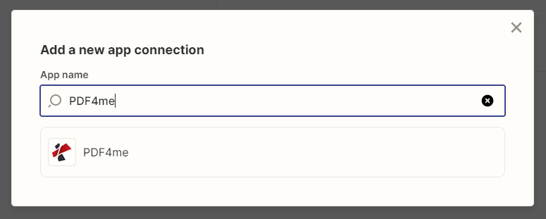 Searching for PDF4me after clicking Add connection in Zapier