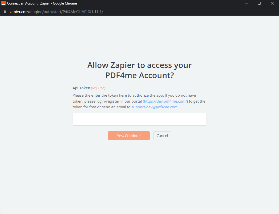 The pop-up for entering the PDF4me API key in Zapier