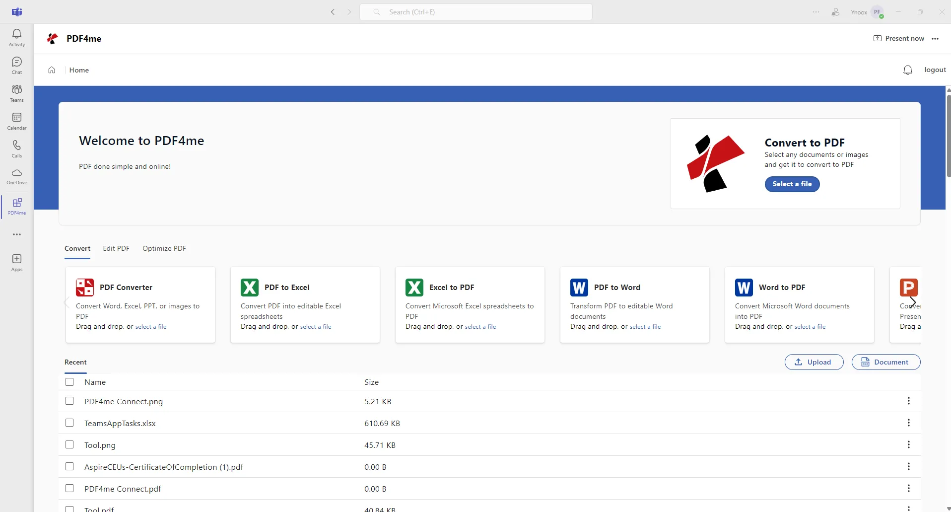 dashboard dell'app pdf4me per team