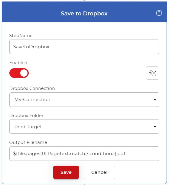 Düzenli ifade kullanarak Dropbox işlemini kaydedin.