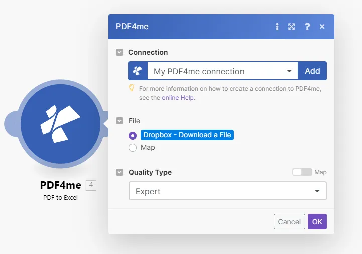 PDF4me'den PDF'yi Excel'ya dönüştürme işlemi